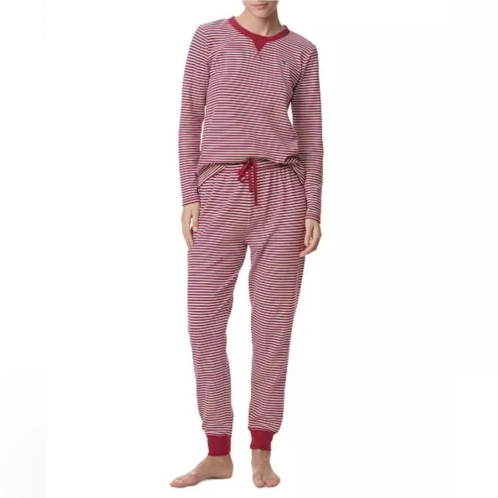 Tommy Hilfiger XL Deep Red White Stripes Thermal Crew Top & Jogger PJ Gift Set